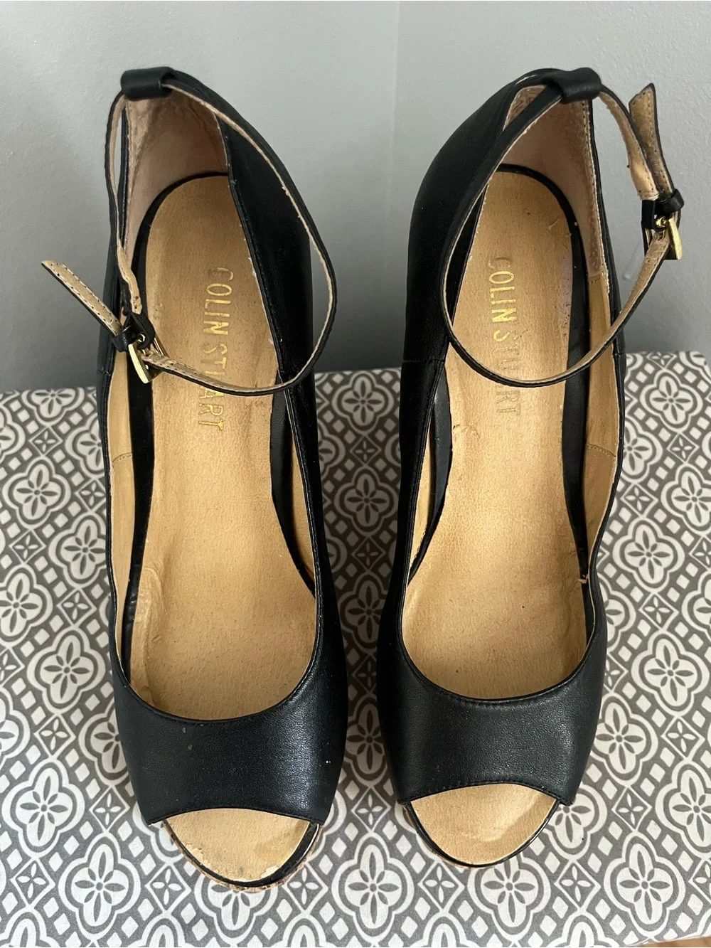 Black Cork Wedge Peep-Toe Sandals with Ankle Strap